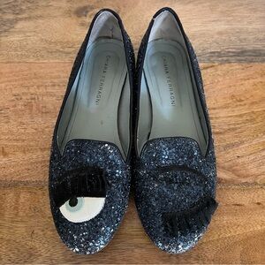 Chiara Ferragni Black Glitter Eyelash Slip-On Flats
